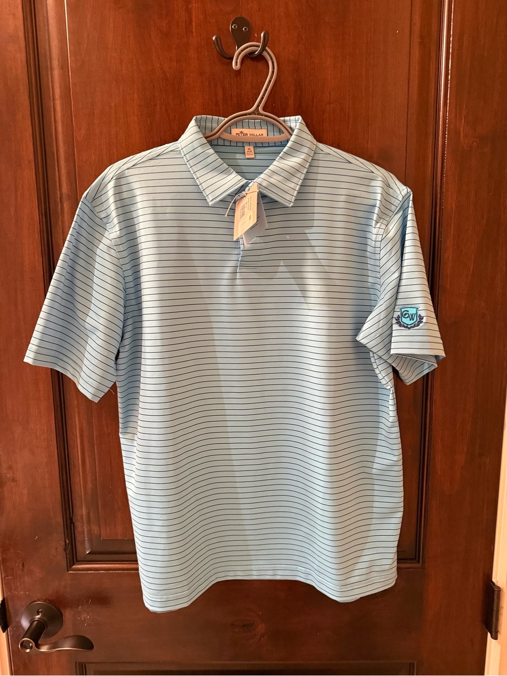 Peter Millar Light Blue and Navy Thin-Strip Polo